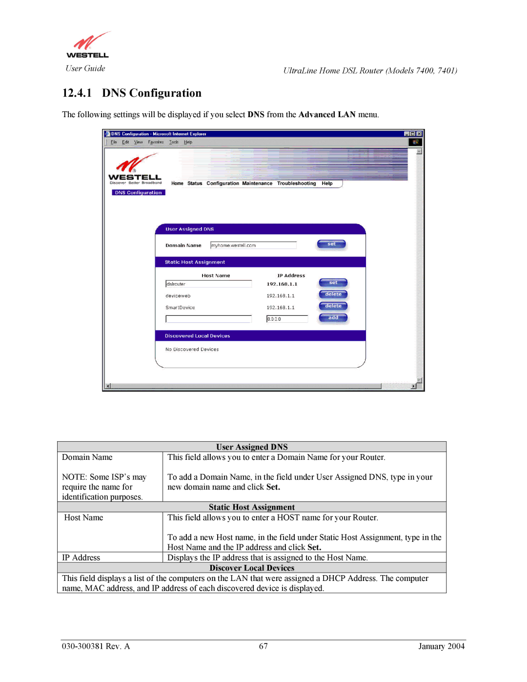 Westell Technologies 7400, 7401 manual DNS Configuration, User Assigned DNS, Static Host Assignment, Discover Local Devices 