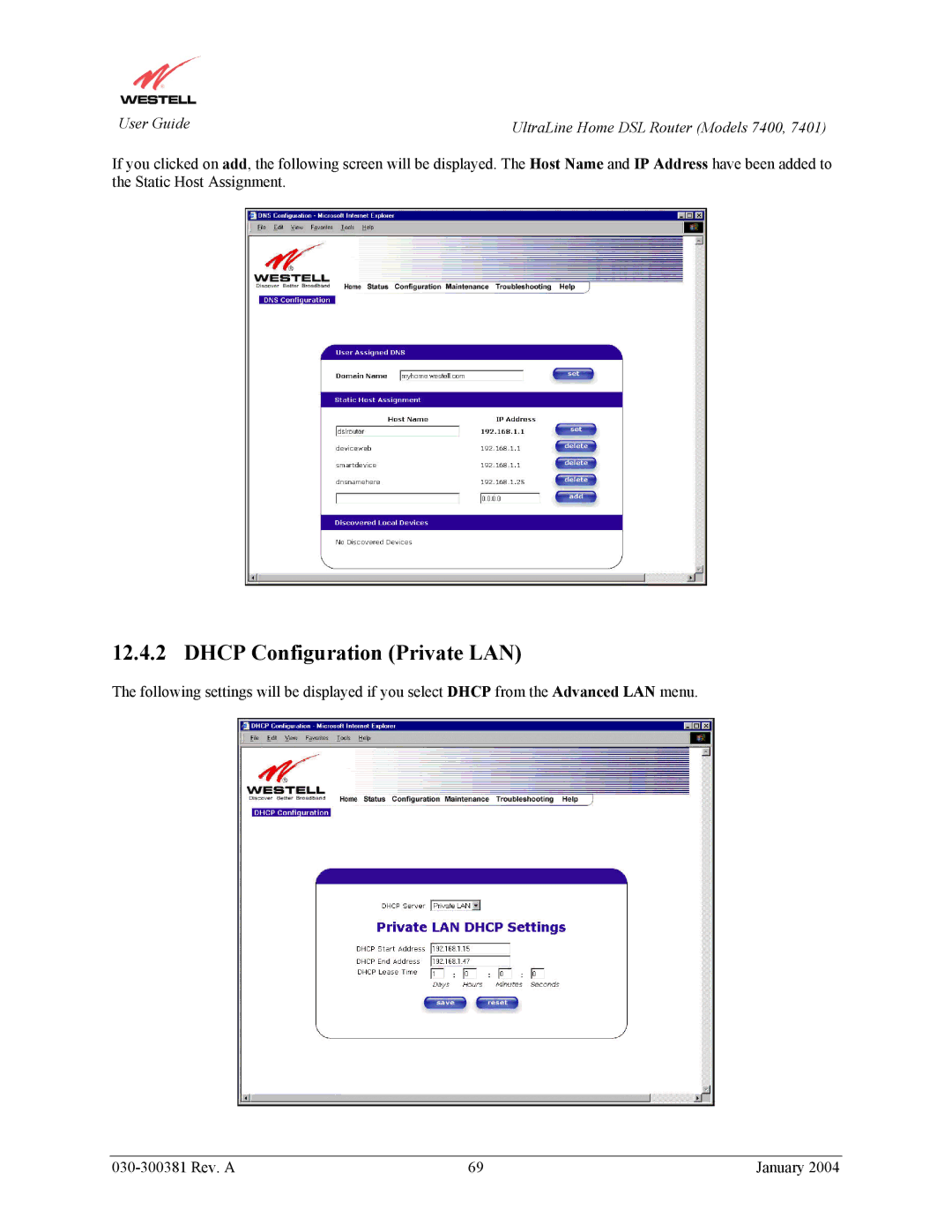 Westell Technologies 7400, 7401 manual Dhcp Configuration Private LAN 