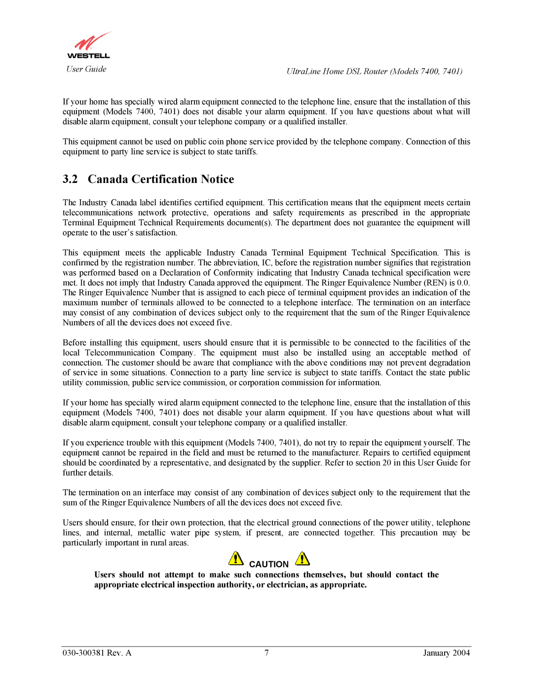 Westell Technologies 7400, 7401 manual Canada Certification Notice 