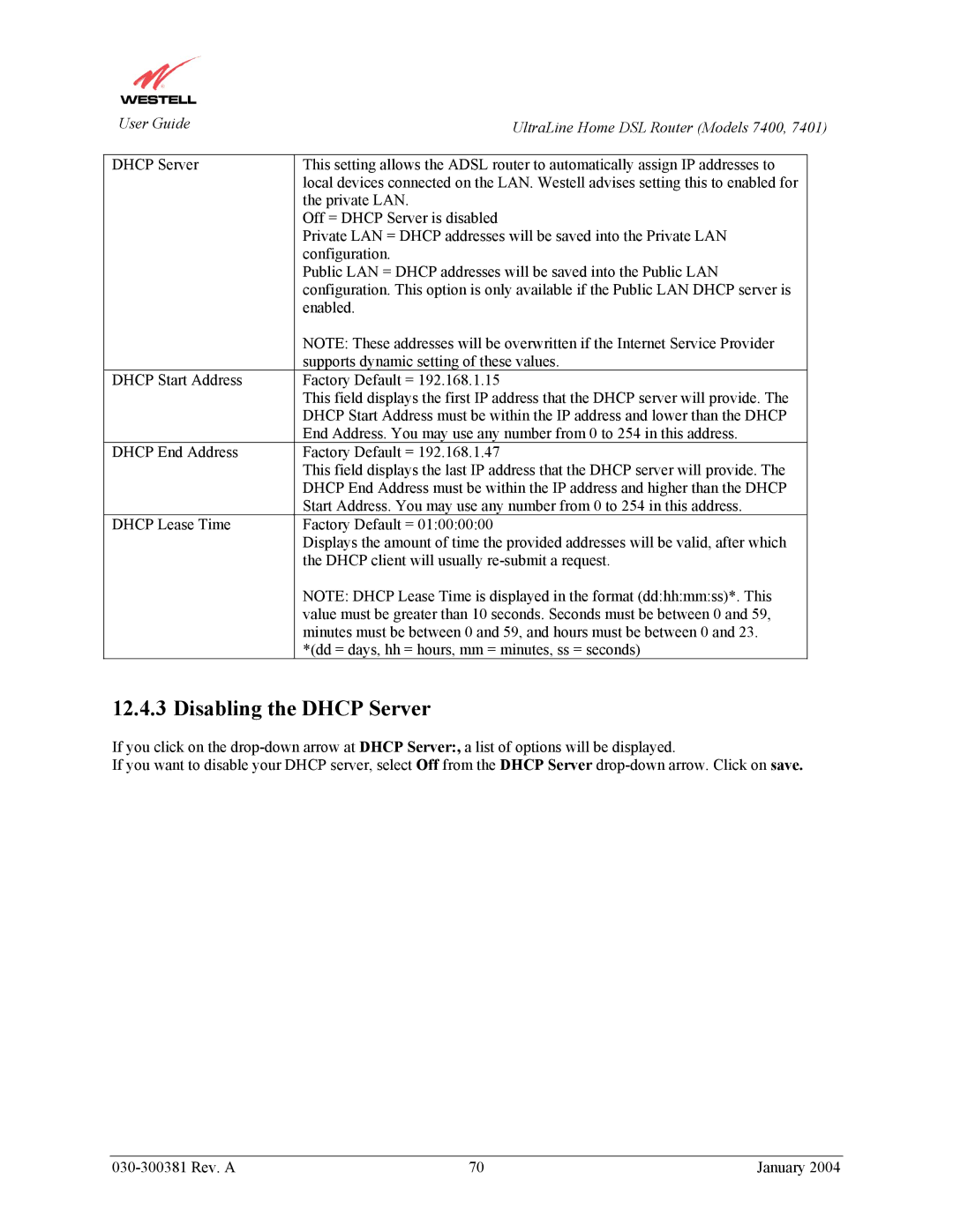 Westell Technologies 7401, 7400 manual Disabling the Dhcp Server 