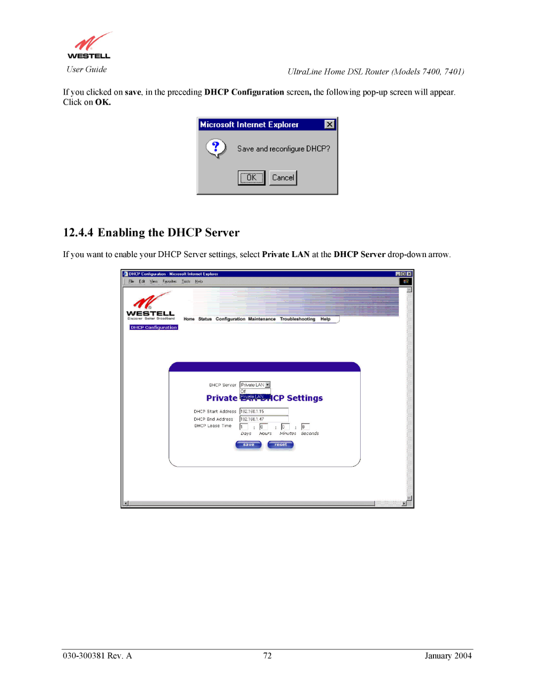 Westell Technologies 7401, 7400 manual Enabling the Dhcp Server 