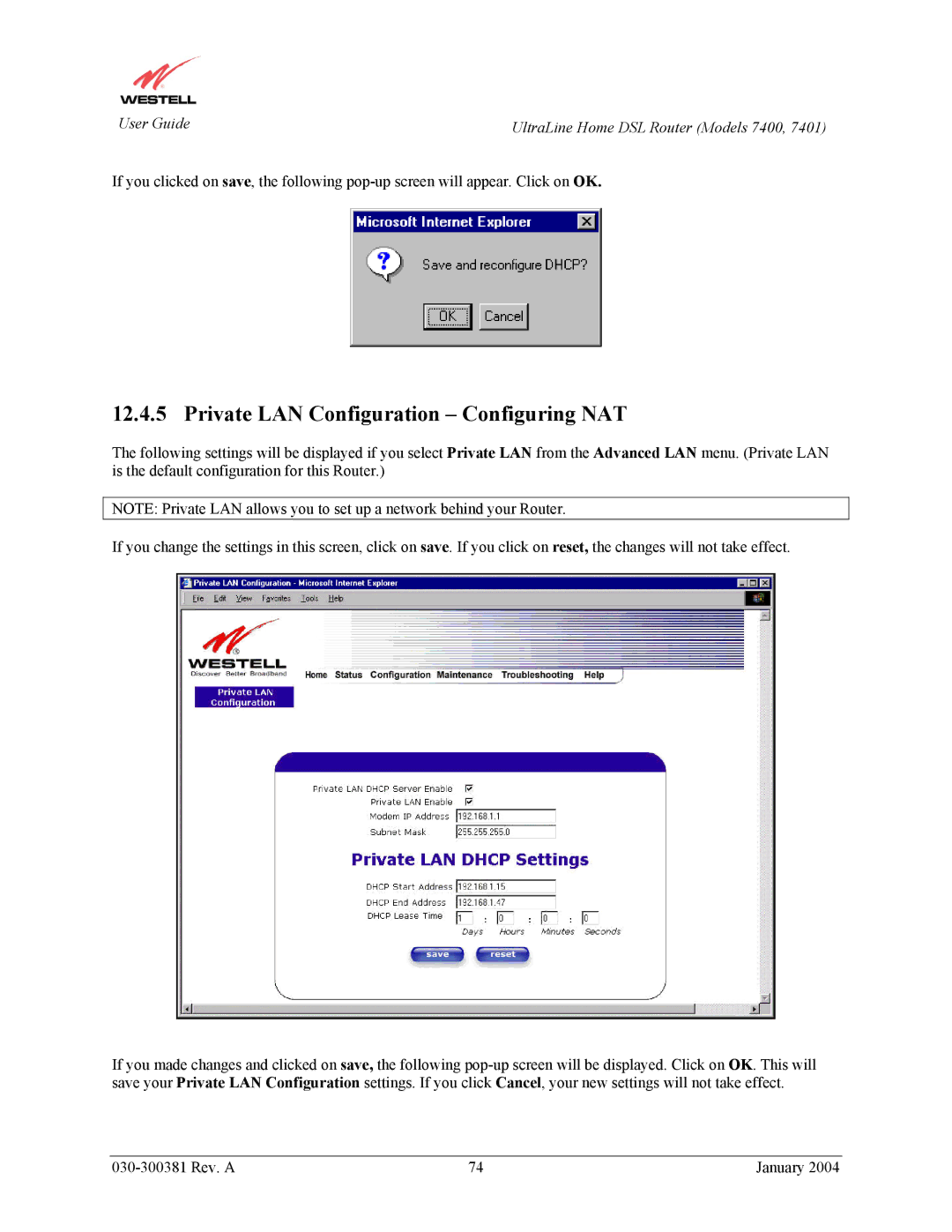 Westell Technologies 7401, 7400 manual Private LAN Configuration Configuring NAT 