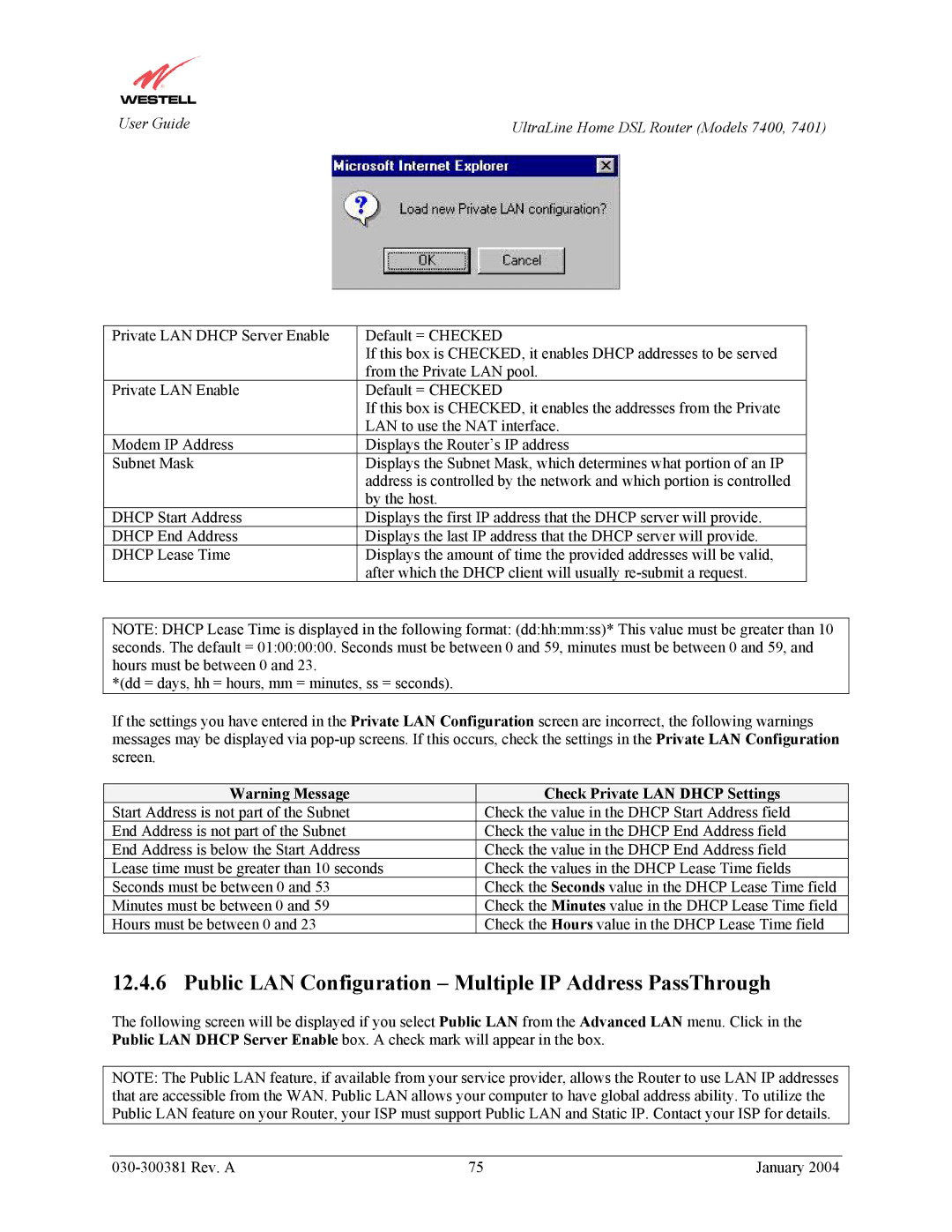 Westell Technologies 7400, 7401 Public LAN Configuration Multiple IP Address PassThrough, Check Private LAN Dhcp Settings 