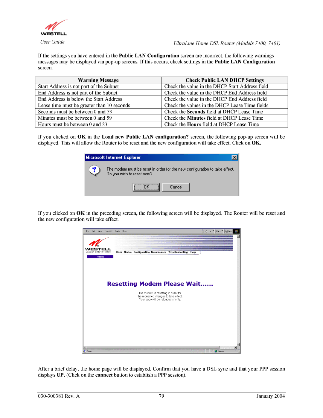 Westell Technologies 7400, 7401 manual Check Public LAN Dhcp Settings 