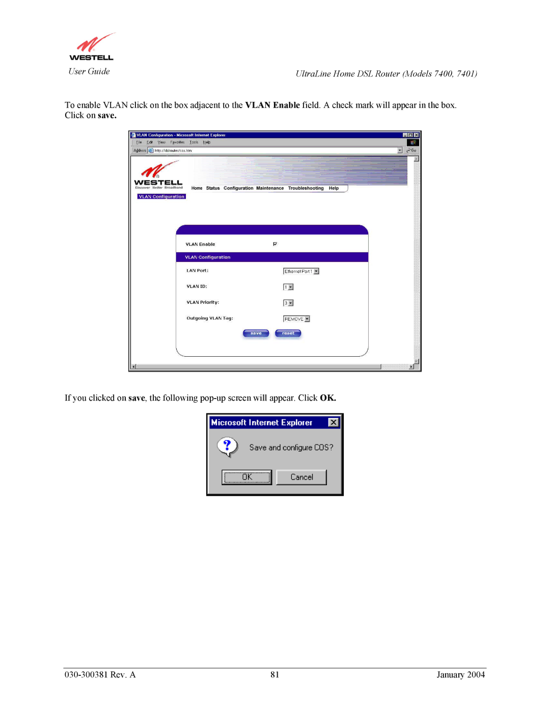 Westell Technologies 7401 manual UltraLine Home DSL Router Models 7400 