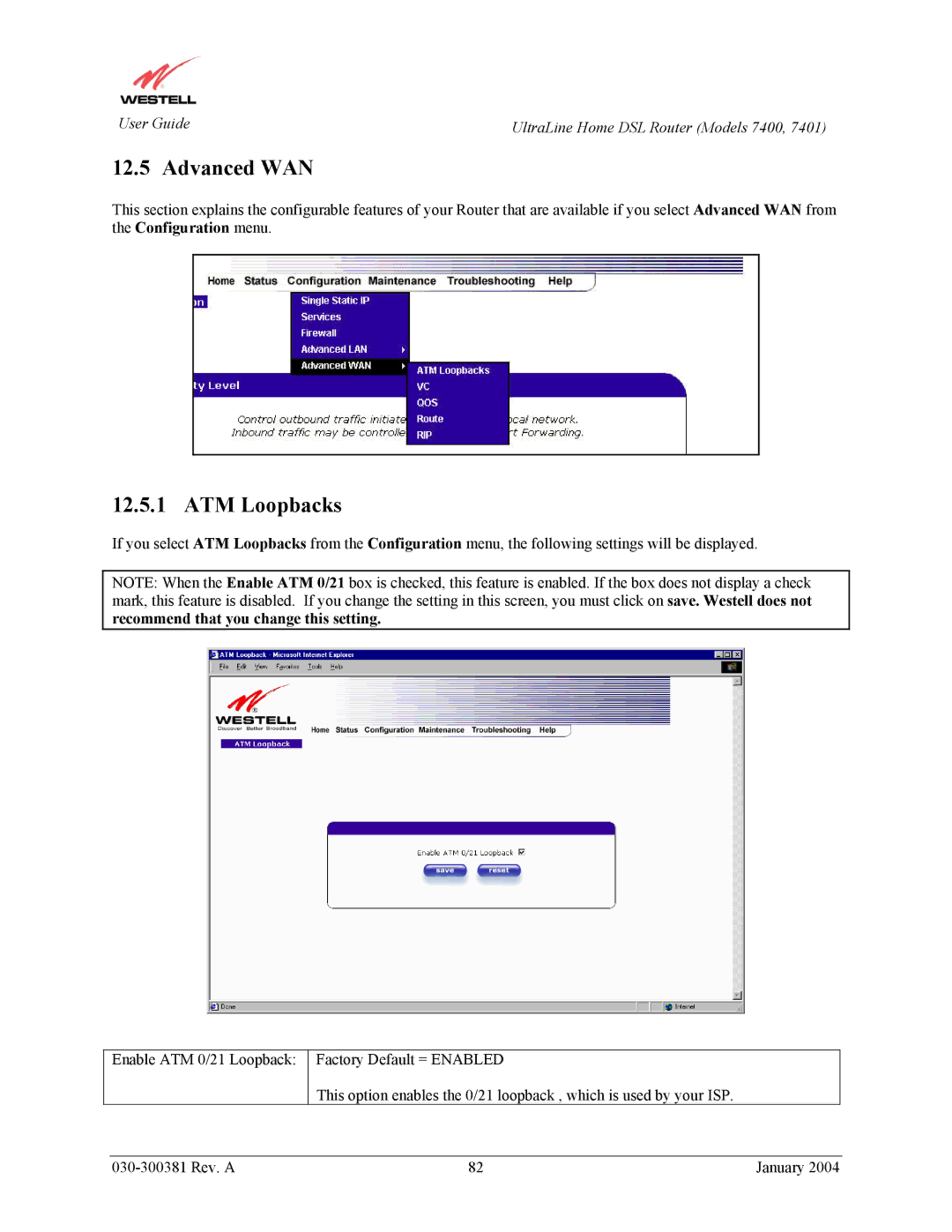 Westell Technologies 7401, 7400 manual Advanced WAN, ATM Loopbacks, Recommend that you change this setting 