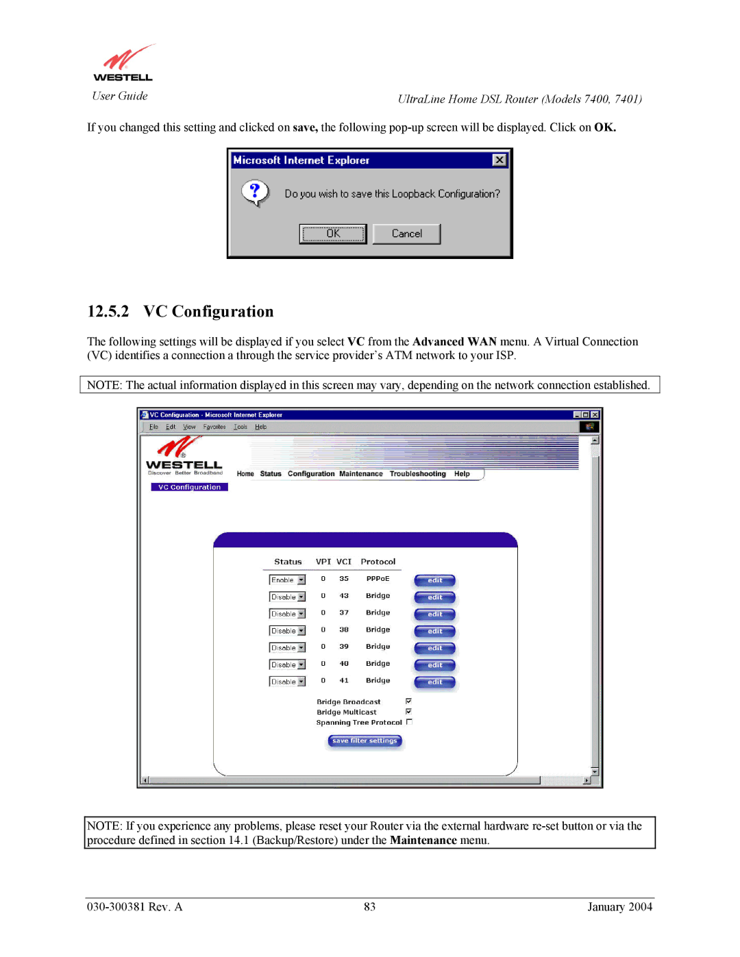 Westell Technologies 7400, 7401 manual VC Configuration 