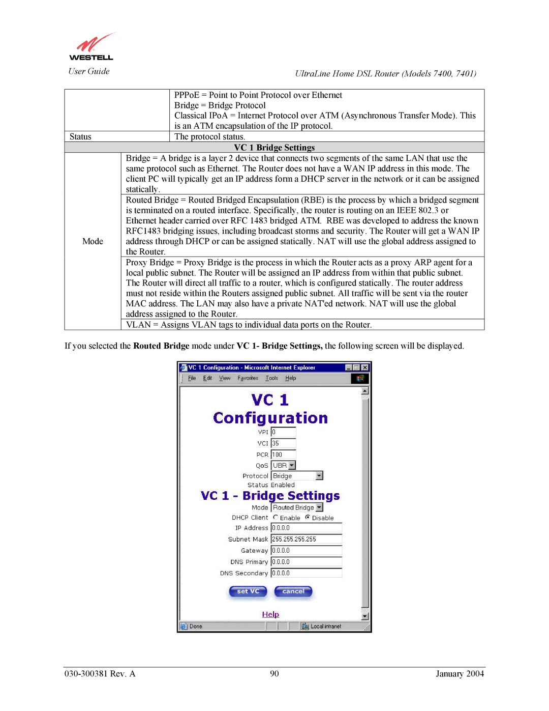 Westell Technologies 7401, 7400 manual VC 1 Bridge Settings 