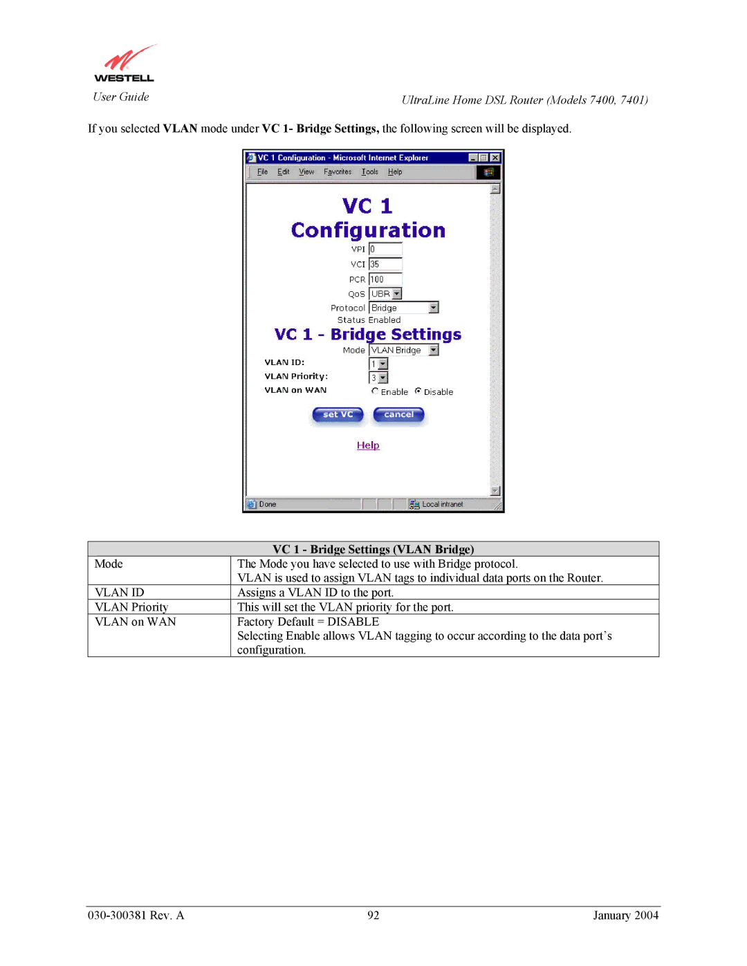 Westell Technologies 7401, 7400 manual VC 1 Bridge Settings Vlan Bridge 