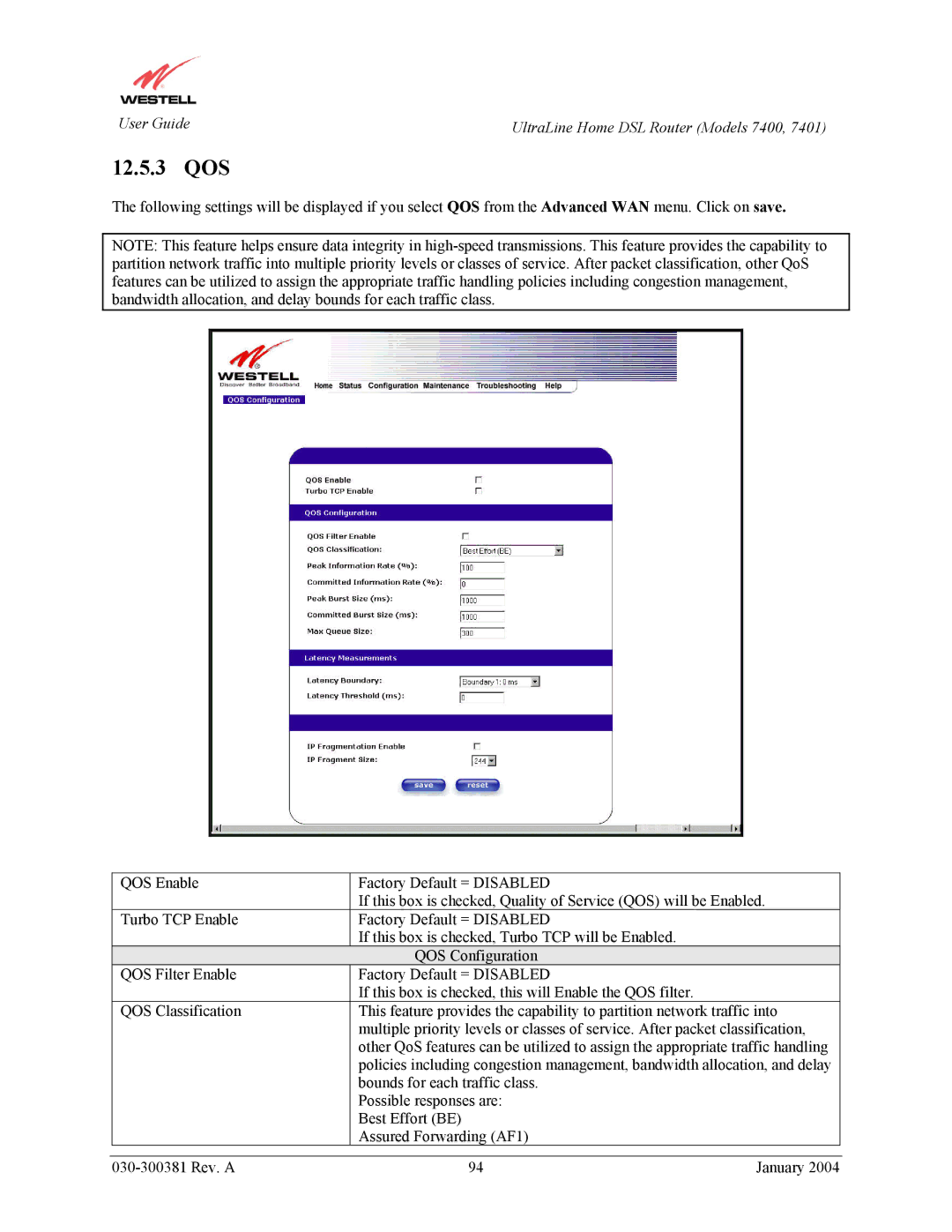 Westell Technologies 7401, 7400 manual 12.5.3 QOS 