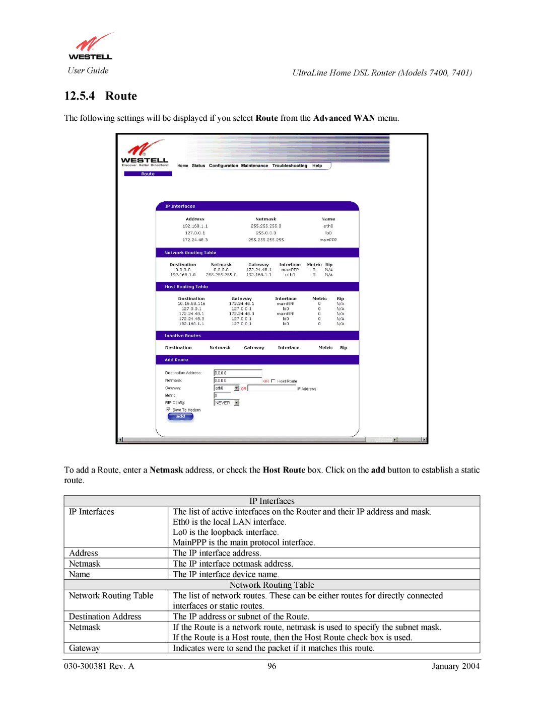 Westell Technologies 7401, 7400 manual Route 