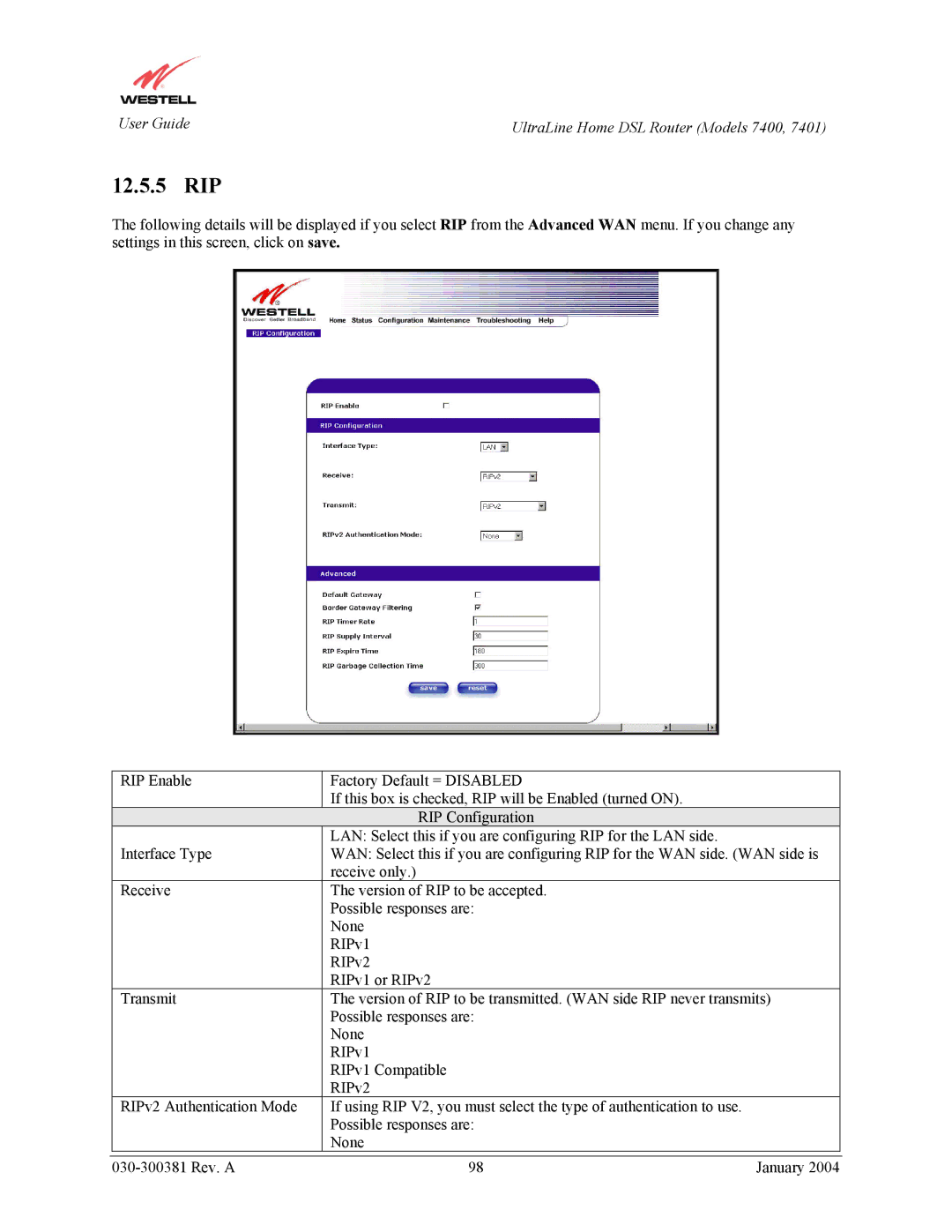 Westell Technologies 7401, 7400 manual 12.5.5 RIP 