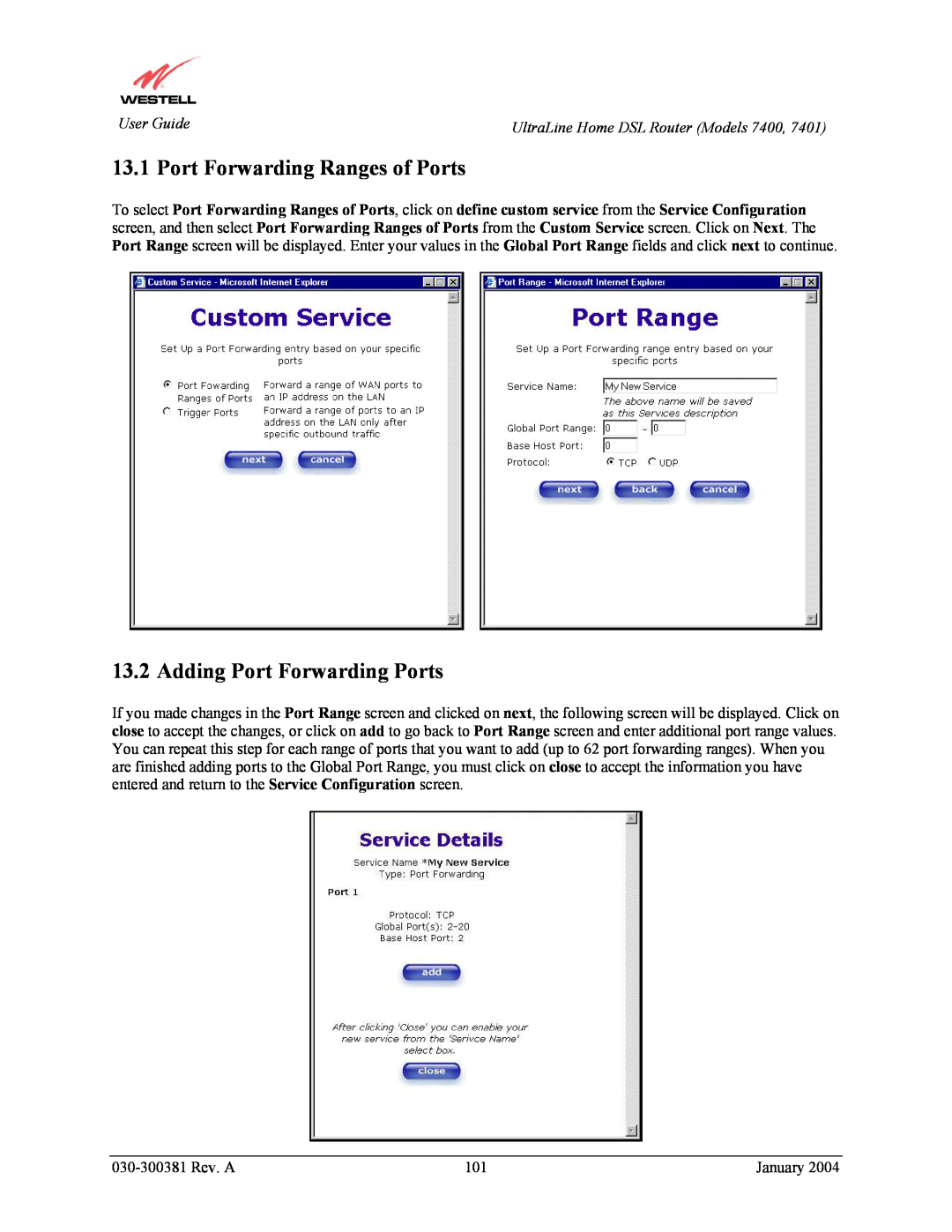 Westell Technologies 7400, 7401 manual Port Forwarding Ranges of Ports, Adding Port Forwarding Ports 