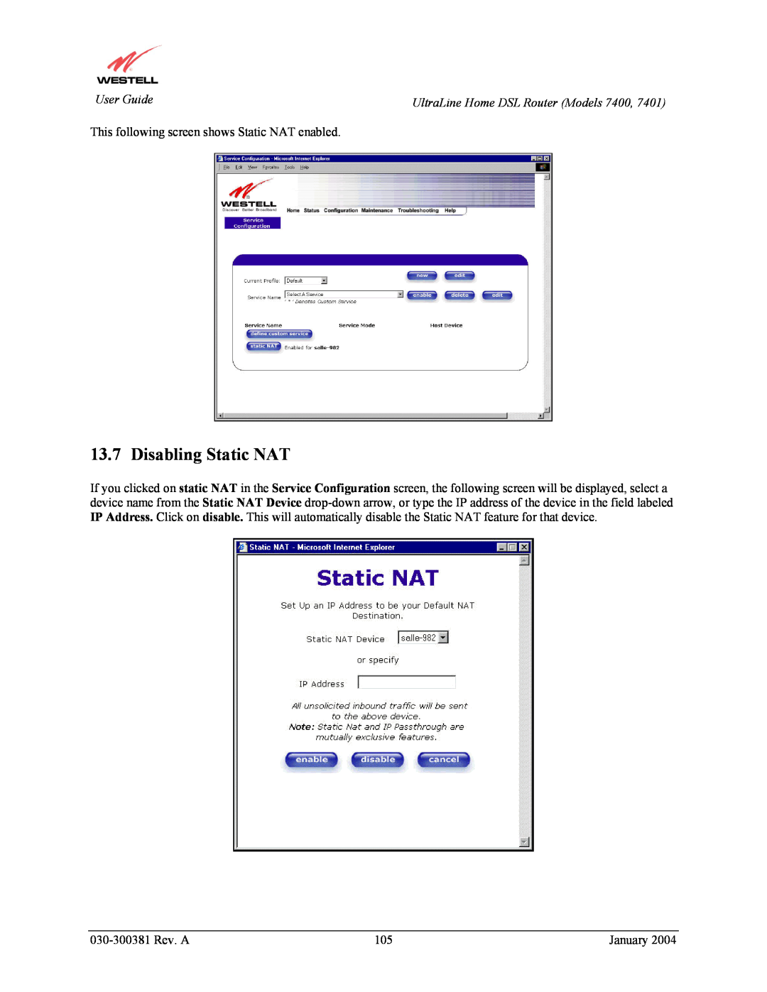 Westell Technologies 7400, 7401 manual Disabling Static NAT 