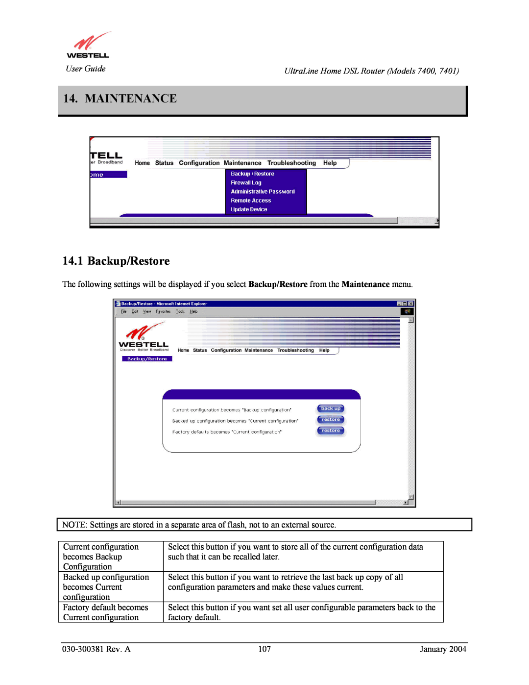 Westell Technologies 7400, 7401 manual MAINTENANCE 14.1 Backup/Restore 