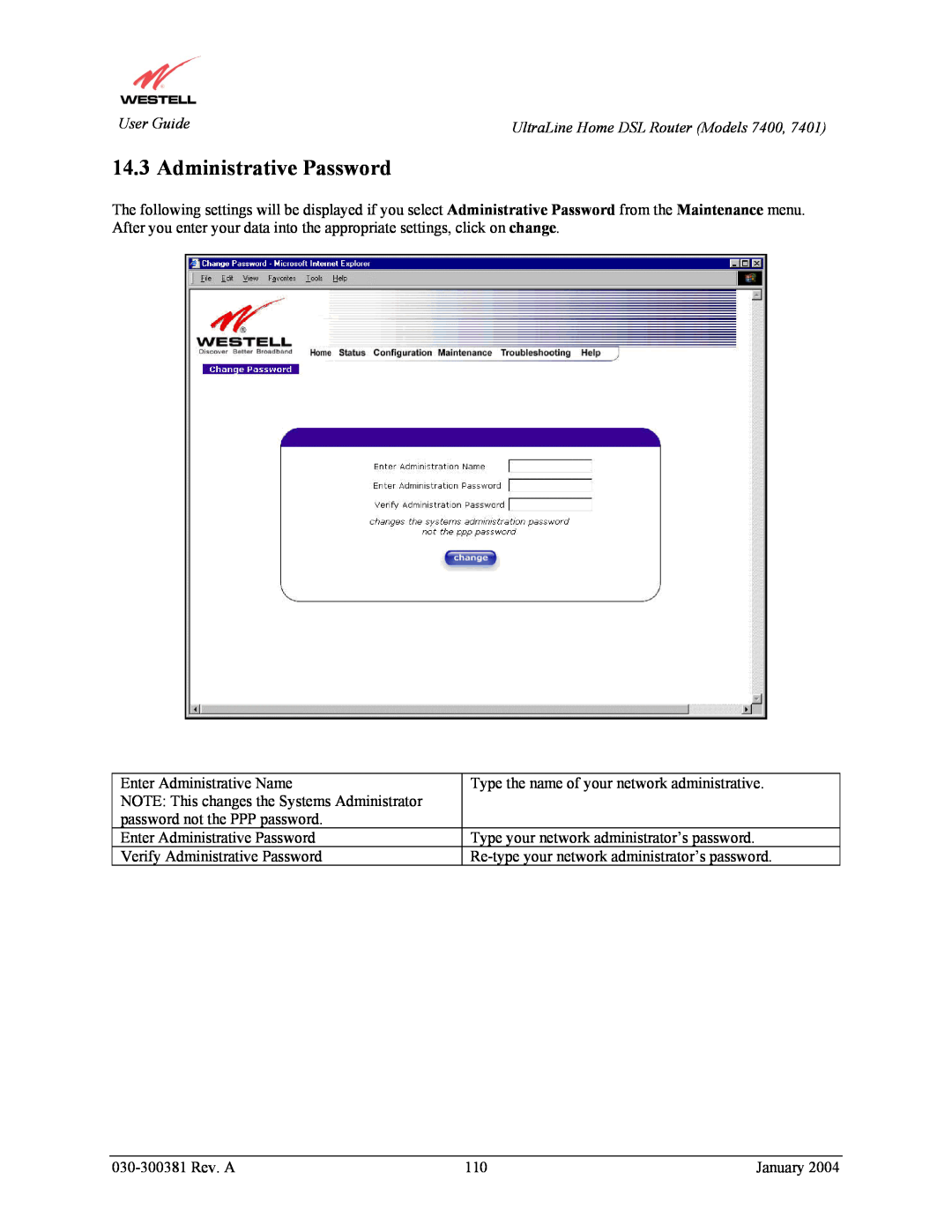 Westell Technologies 7401, 7400 manual Administrative Password 