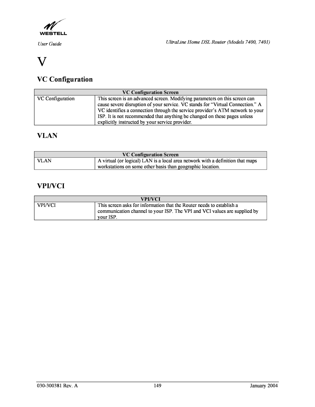 Westell Technologies 7400, 7401 manual Vlan, Vpi/Vci, VC Configuration Screen 