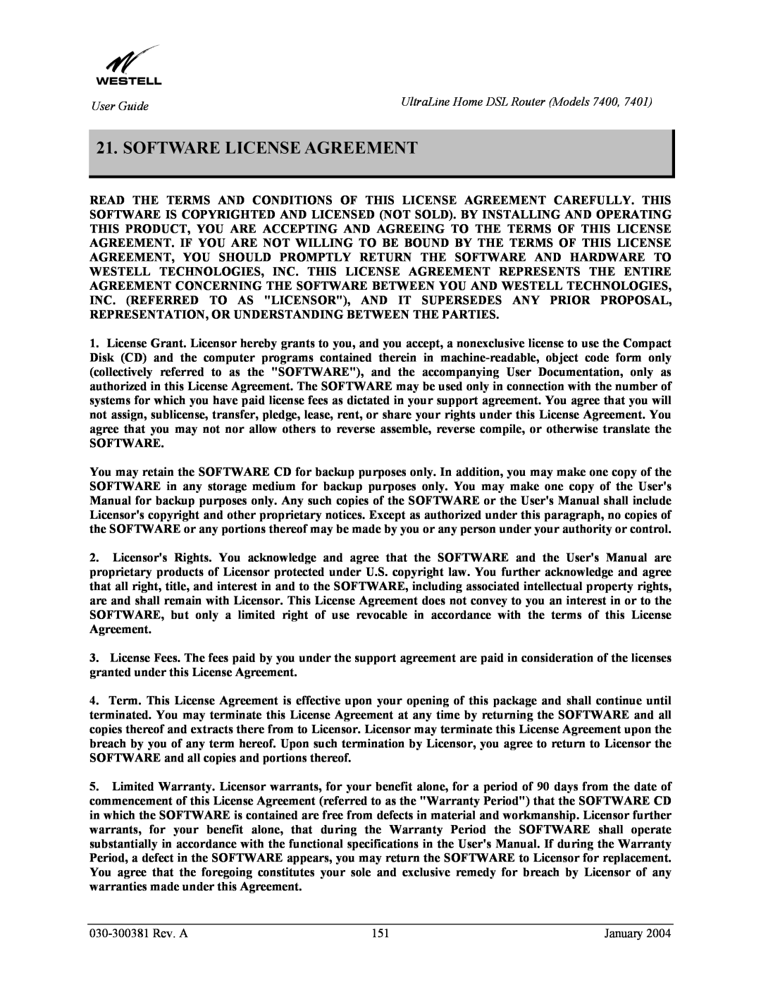 Westell Technologies 7400, 7401 manual Software License Agreement 
