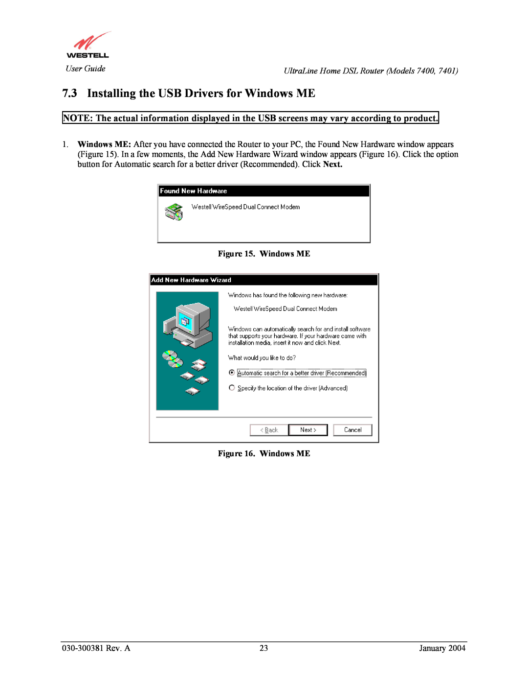 Westell Technologies 7400, 7401 manual Installing the USB Drivers for Windows ME, Windows ME . Windows ME 