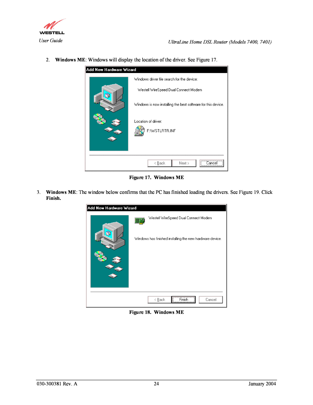 Westell Technologies 7401, 7400 manual Finish . Windows ME, 030-300381 Rev. A, January 