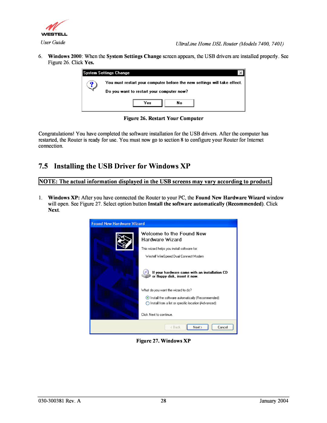 Westell Technologies 7401, 7400 manual Installing the USB Driver for Windows XP, Restart Your Computer 