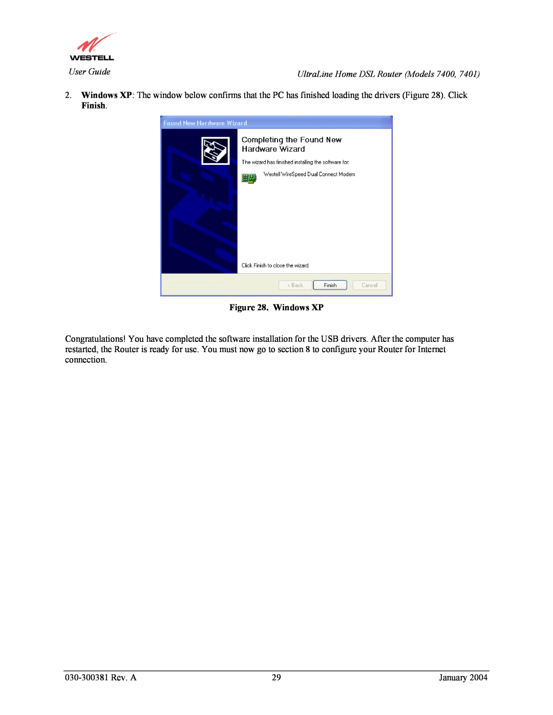 Westell Technologies 7400, 7401 manual Windows XP 