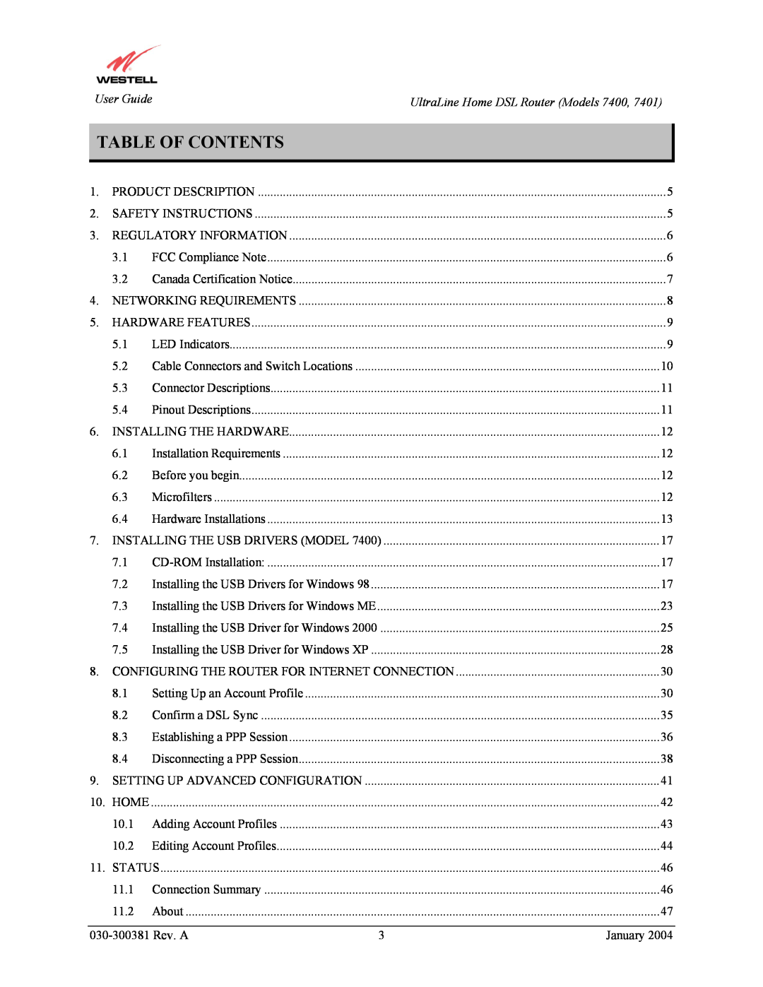 Westell Technologies 7400, 7401 manual Table Of Contents 