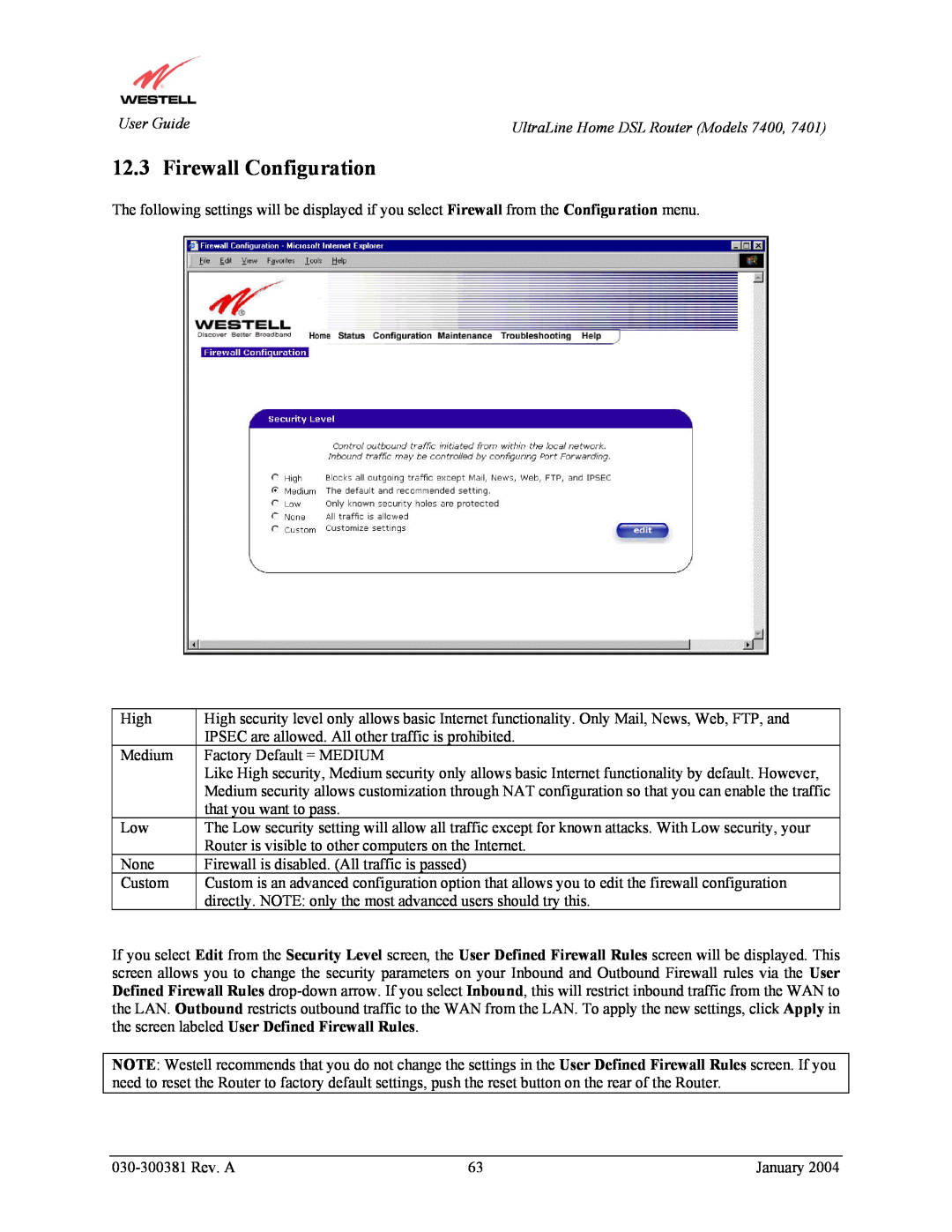 Westell Technologies 7400, 7401 manual Firewall Configuration 