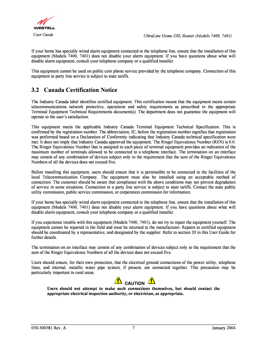 Westell Technologies 7400, 7401 manual Canada Certification Notice 