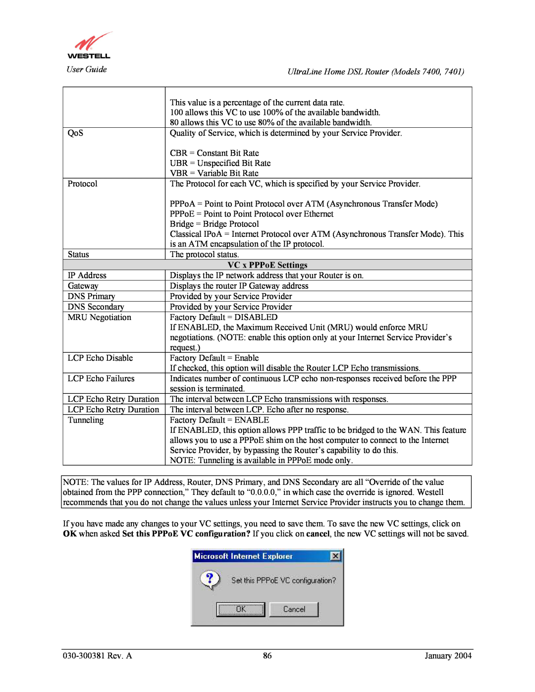 Westell Technologies 7401, 7400 manual VC x PPPoE Settings, 030-300381 Rev. A, January 