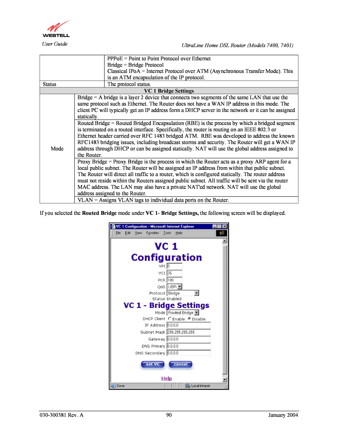 Westell Technologies 7401, 7400 manual VC 1 Bridge Settings, 030-300381 Rev. A, January 
