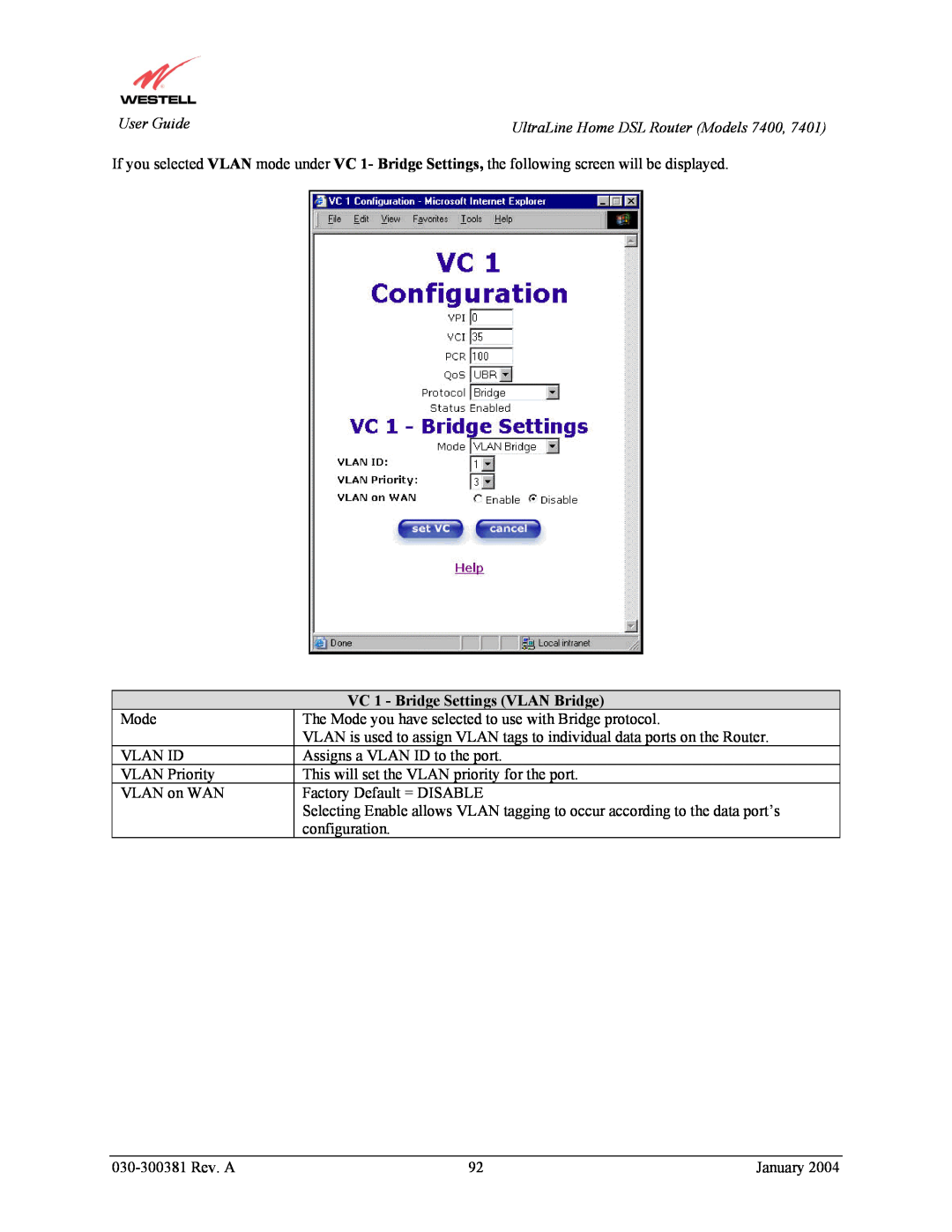 Westell Technologies 7401, 7400 manual VC 1 - Bridge Settings VLAN Bridge 
