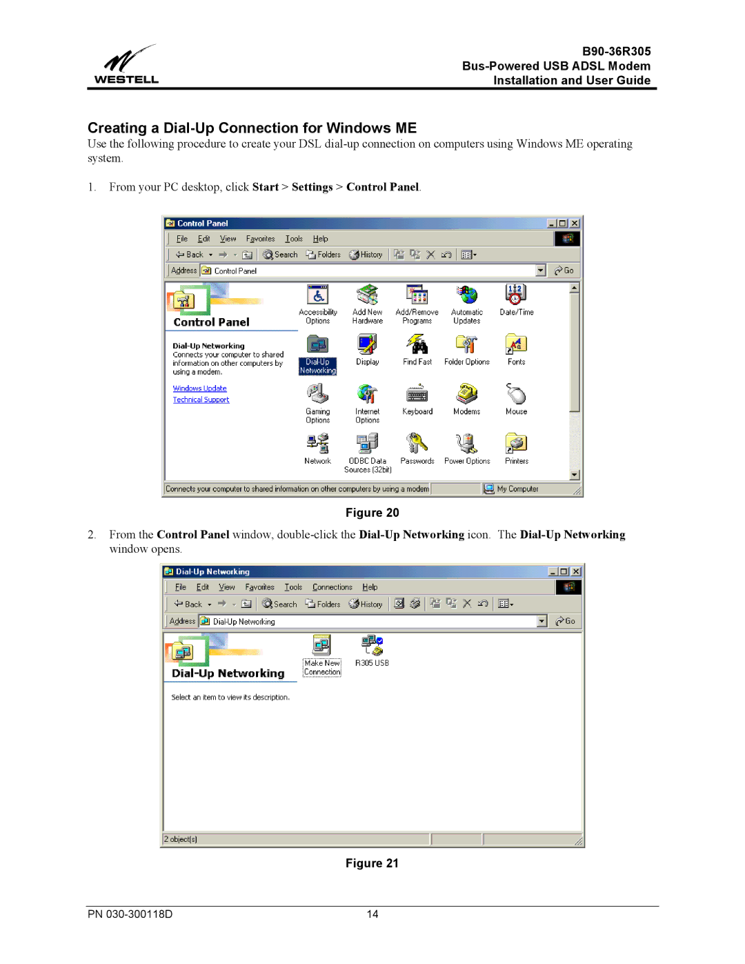 Westell Technologies B90-36R305 manual Creating a Dial-Up Connection for Windows ME 