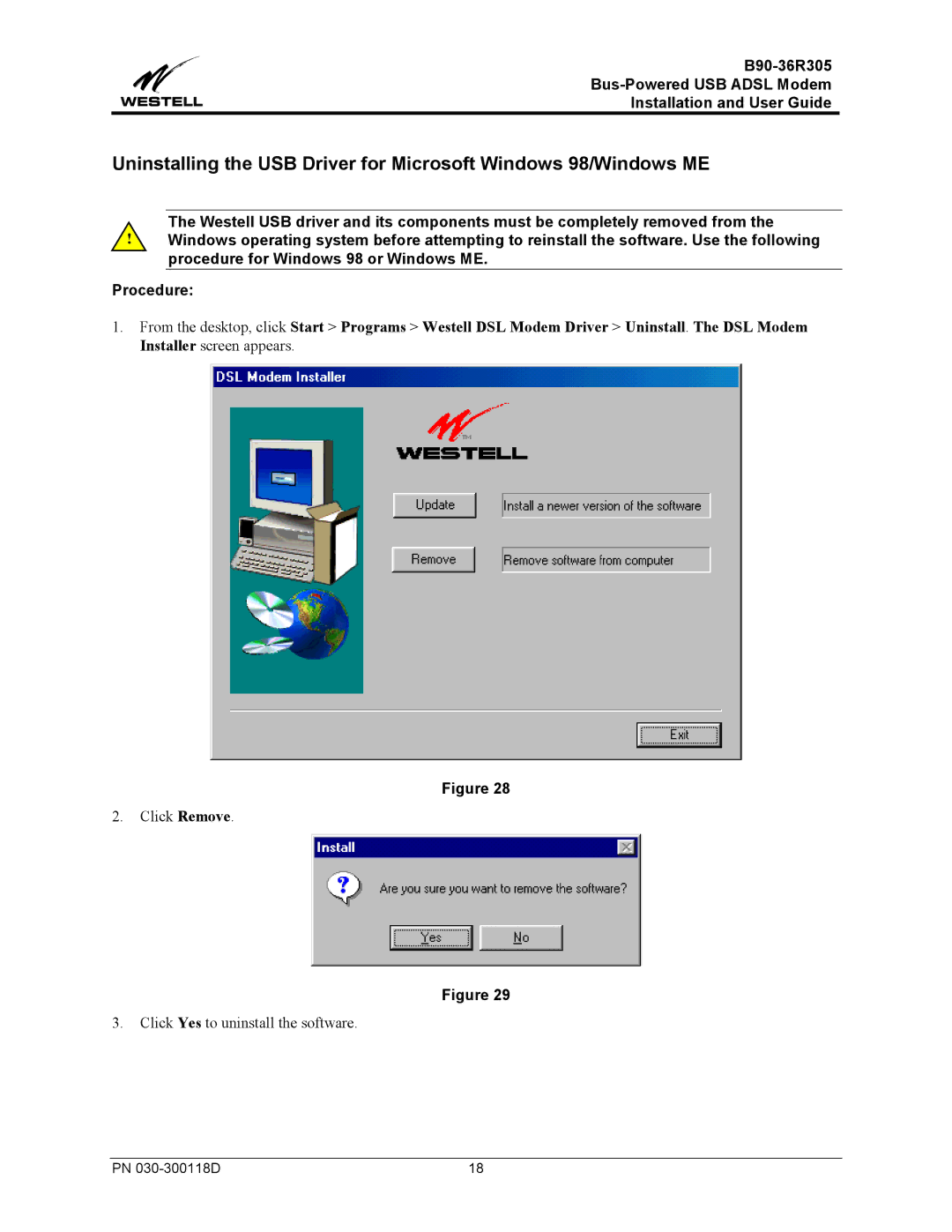 Westell Technologies B90-36R305 manual Click Remove Click Yes to uninstall the software 