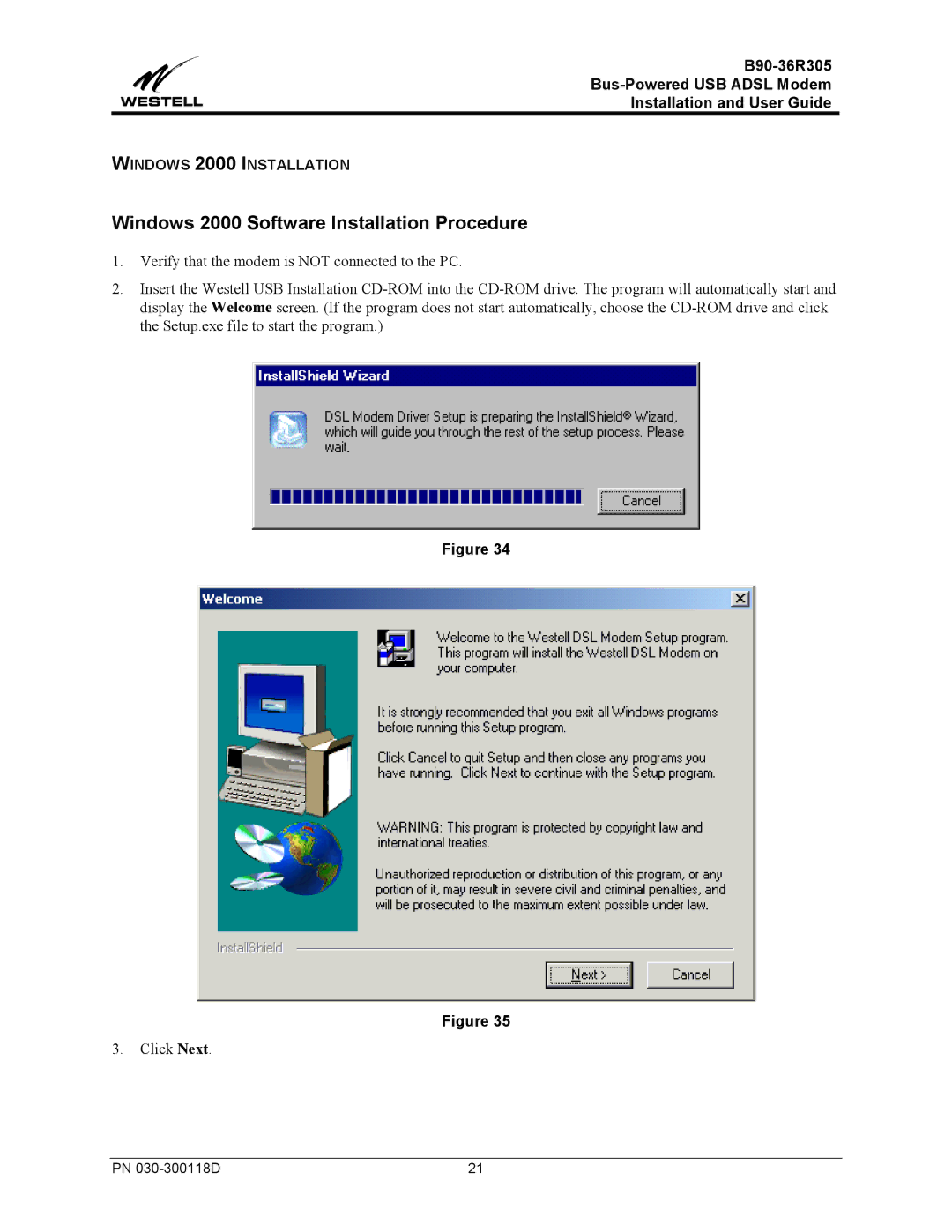 Westell Technologies B90-36R305 manual Windows 2000 Software Installation Procedure, Windows 2000 Installation 