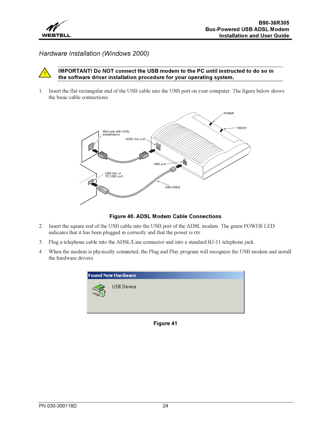 Westell Technologies B90-36R305 manual Hardware Installation Windows, Adsl Modem Cable Connections 