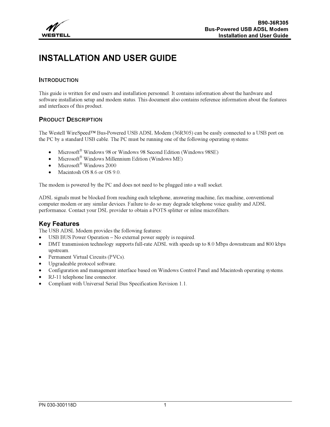 Westell Technologies B90-36R305 manual Key Features, Introduction, Product Description 