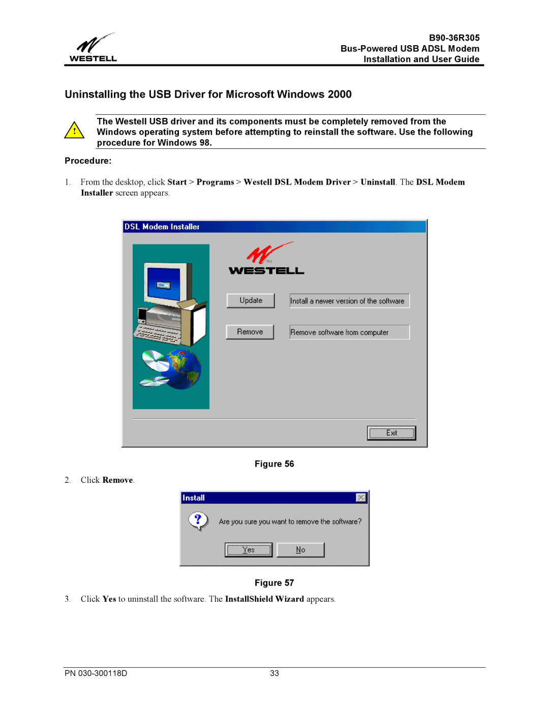 Westell Technologies B90-36R305 manual Uninstalling the USB Driver for Microsoft Windows 