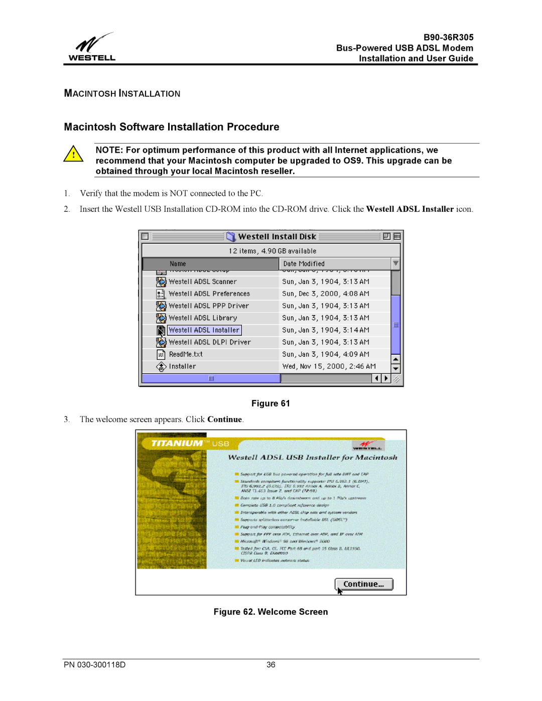 Westell Technologies B90-36R305 manual Macintosh Software Installation Procedure, Macintosh Installation 