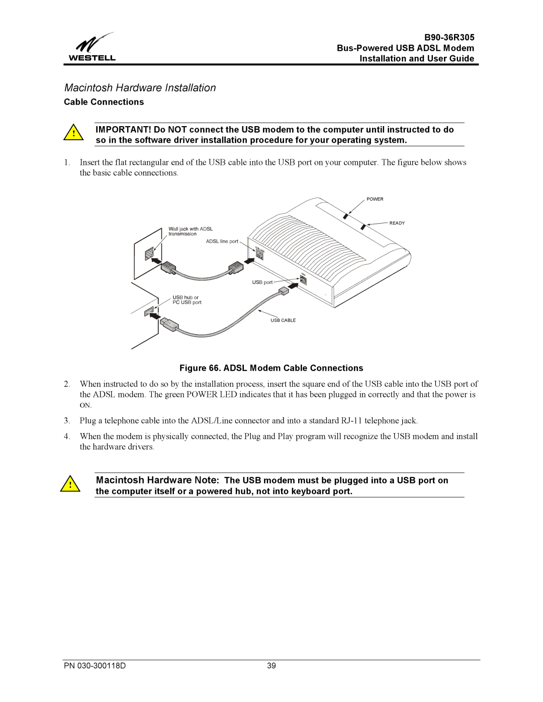 Westell Technologies B90-36R305 manual Macintosh Hardware Installation, Adsl Modem Cable Connections 