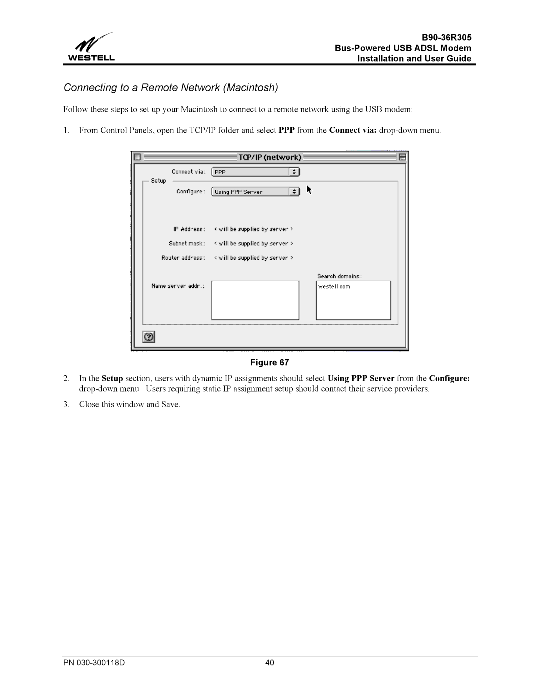 Westell Technologies B90-36R305 manual Connecting to a Remote Network Macintosh 