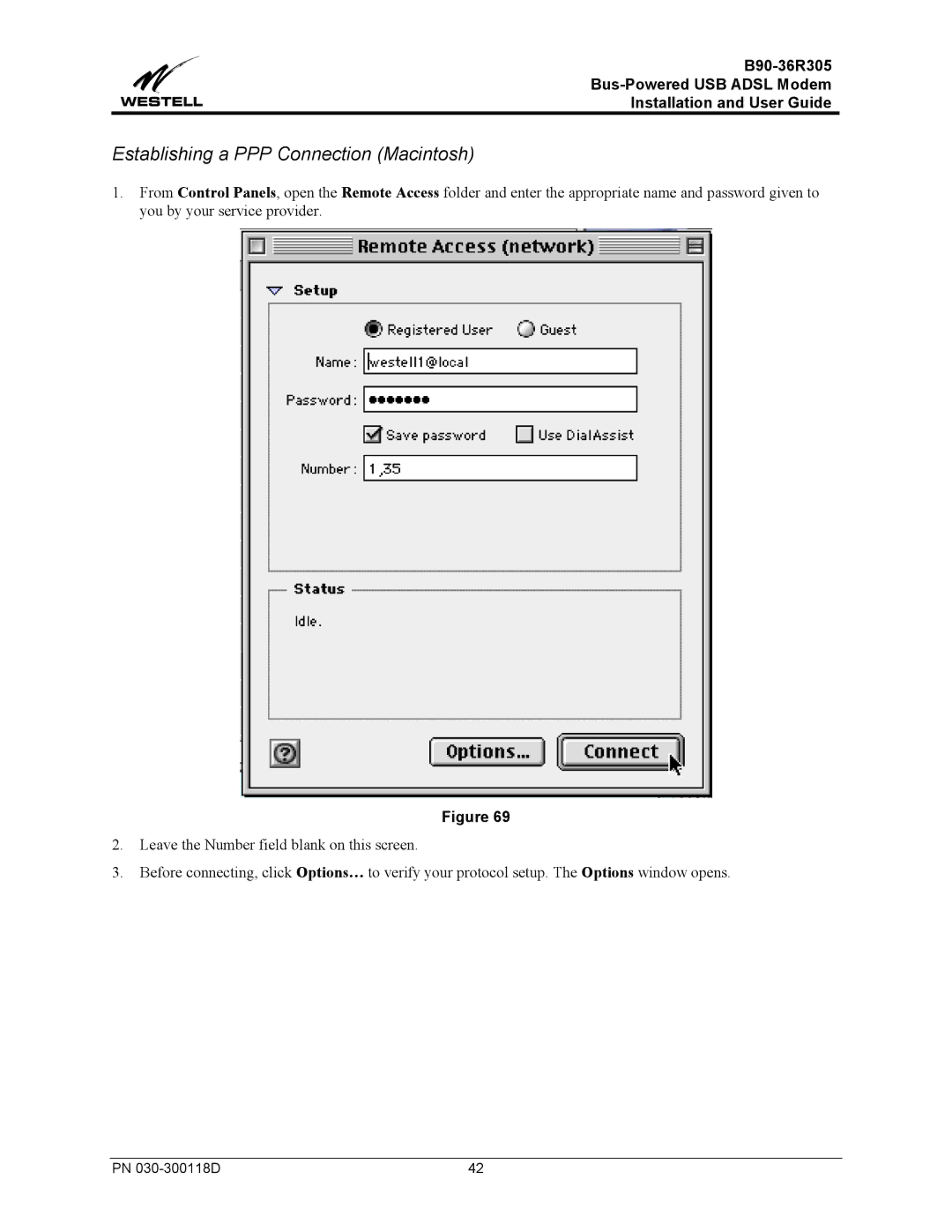 Westell Technologies B90-36R305 manual Establishing a PPP Connection Macintosh 