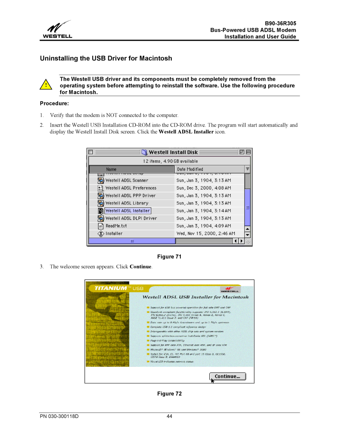 Westell Technologies B90-36R305 manual Uninstalling the USB Driver for Macintosh 
