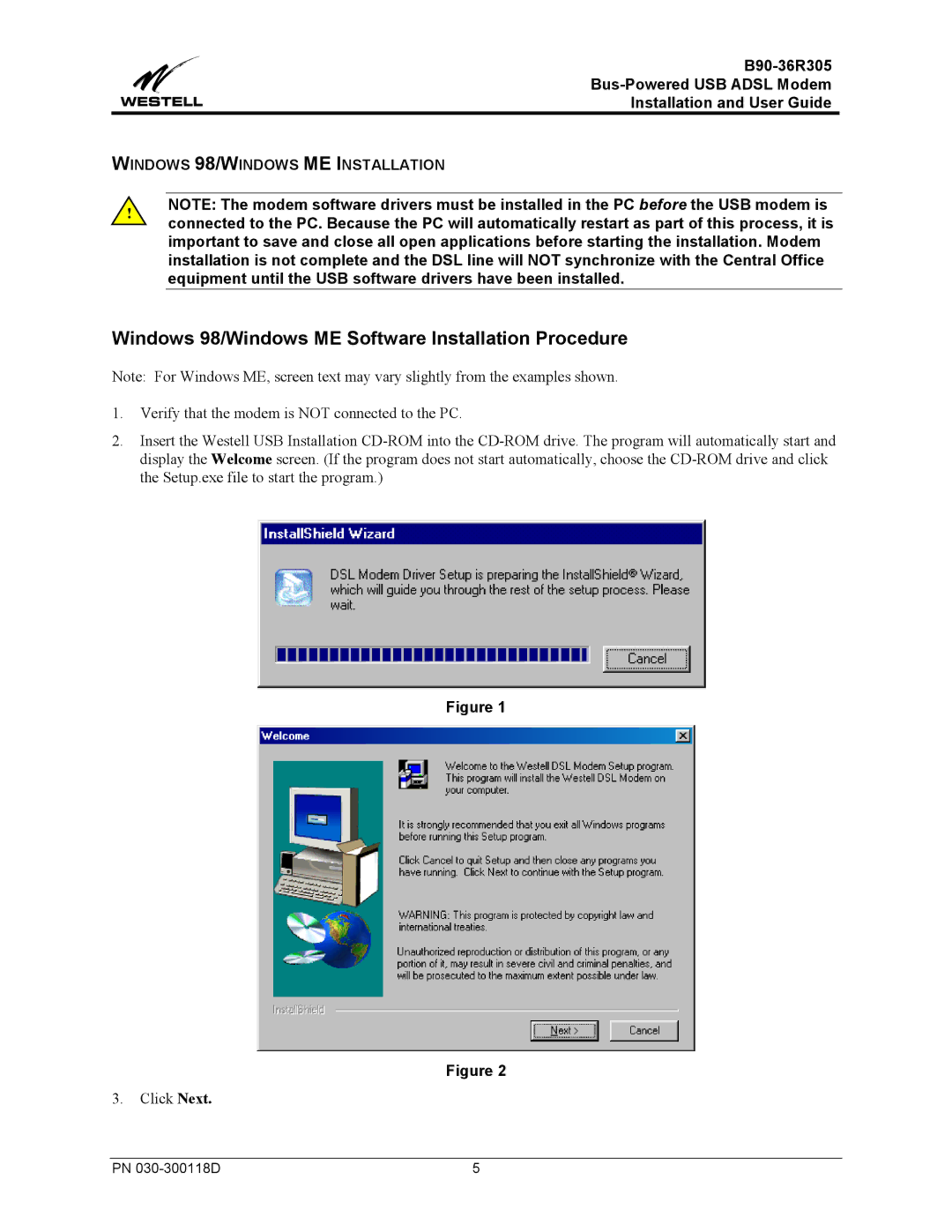 Westell Technologies B90-36R305 Windows 98/Windows ME Software Installation Procedure, Windows 98/WINDOWS ME Installation 