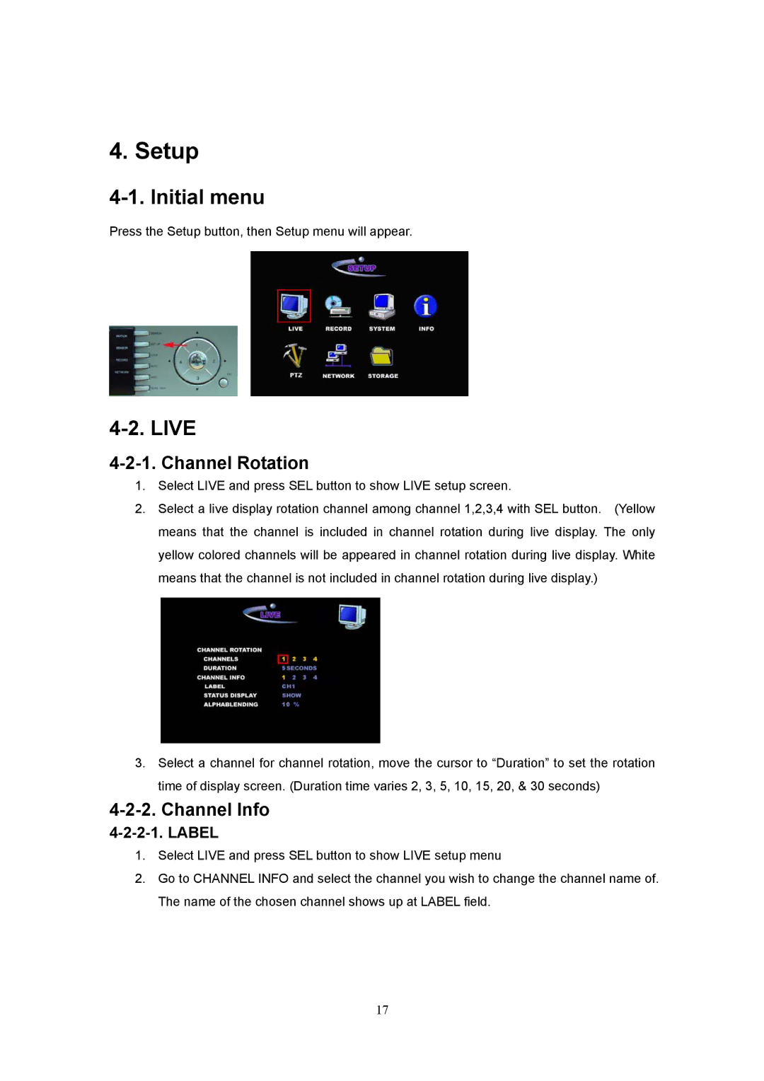 Western Digital 4CH TRIPLEX specifications Initial menu, Live, Channel Rotation, Channel Info 