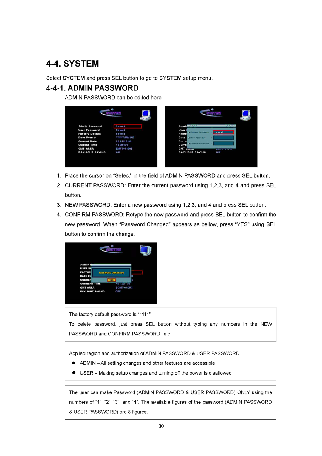 Western Digital 4CH TRIPLEX specifications System, Admin Password 