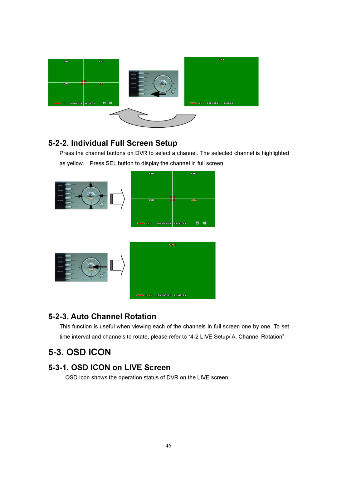 Western Digital 4CH TRIPLEX specifications Individual Full Screen Setup, Auto Channel Rotation, OSD Icon on Live Screen 