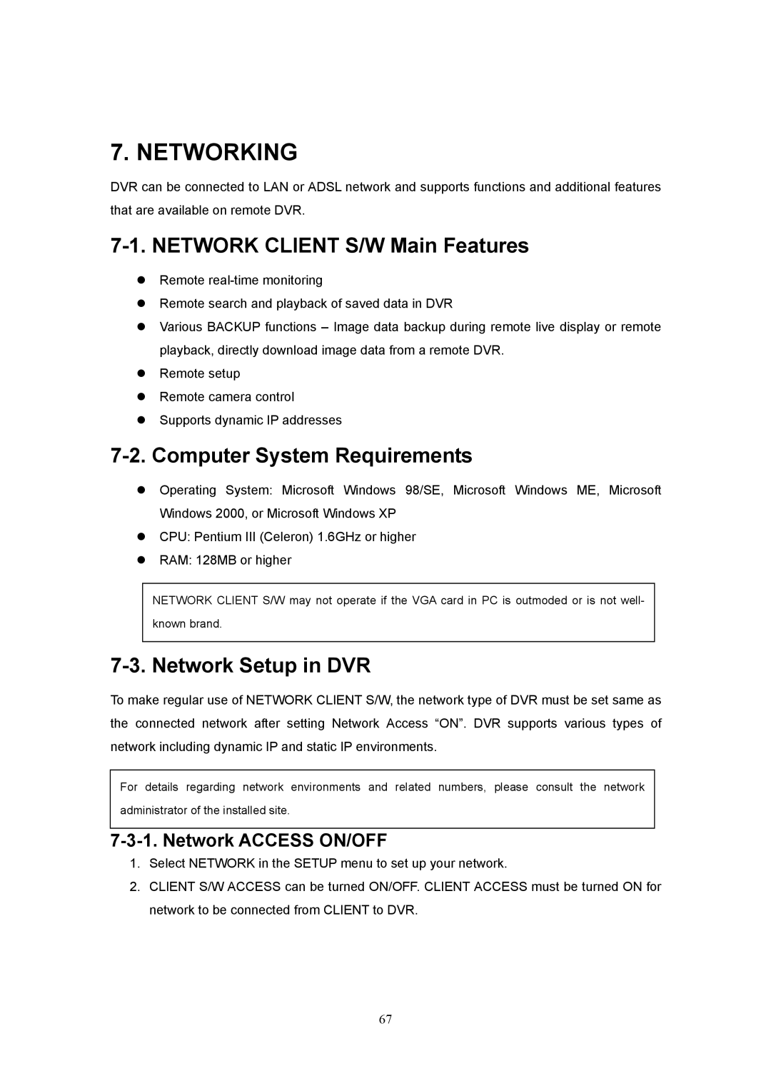 Western Digital 4CH TRIPLEX Network Client S/W Main Features, Computer System Requirements, Network Setup in DVR 