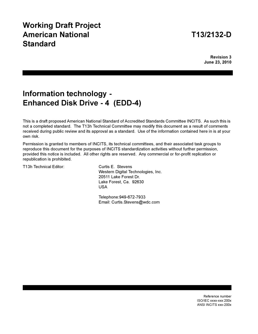 Western Digital T13/2132-D manual Information technology Enhanced Disk Drive 4 EDD-4, Revision June 23 