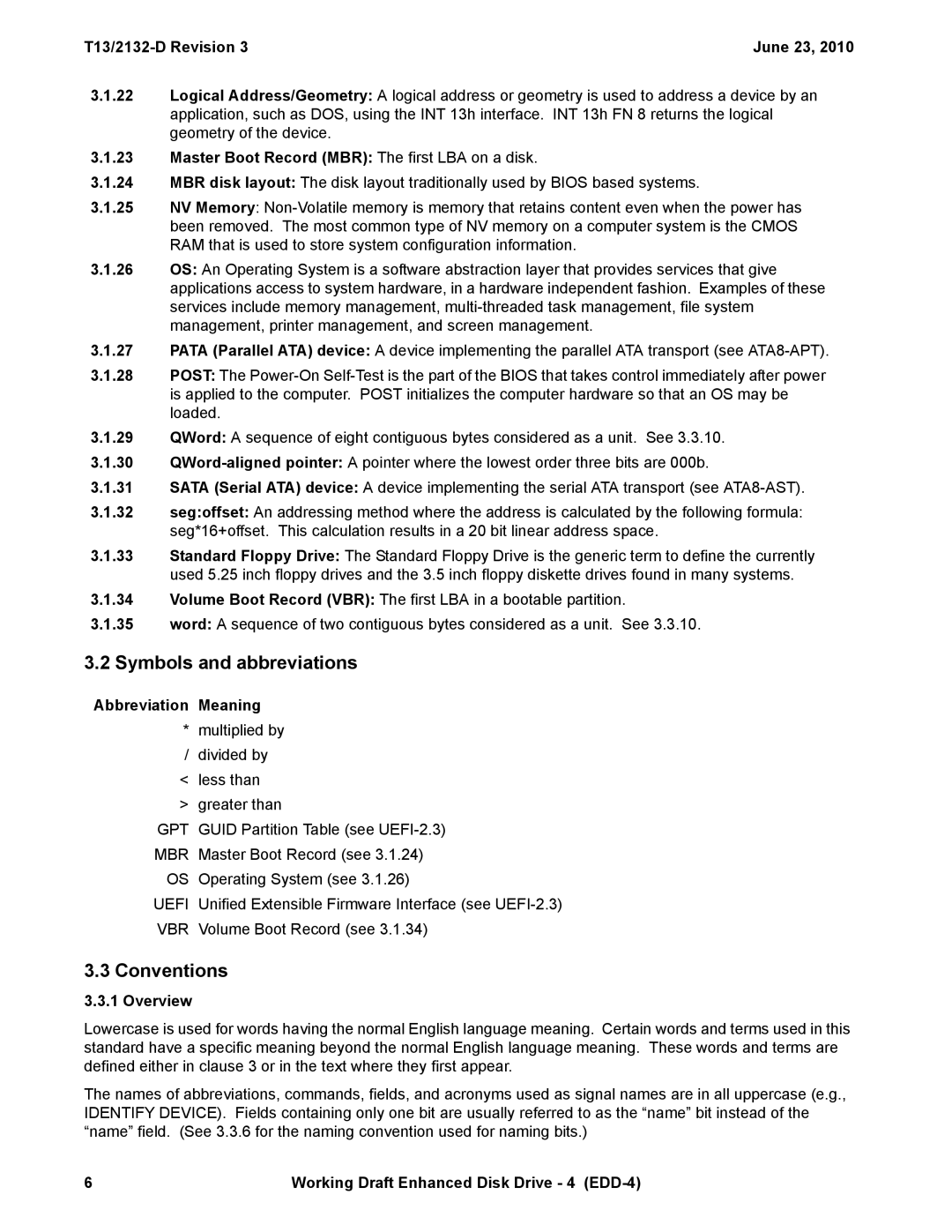 Western Digital T13/2132-D manual Symbols and abbreviations, Conventions, Master Boot Record MBR The first LBA on a disk 